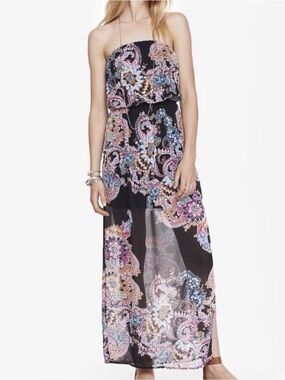 Express Black Paisley Strapless Chiffon Maxi Dress Side Slit Size M